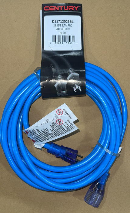 25ft 12/3 Blue Extension Cord Lighted Plug