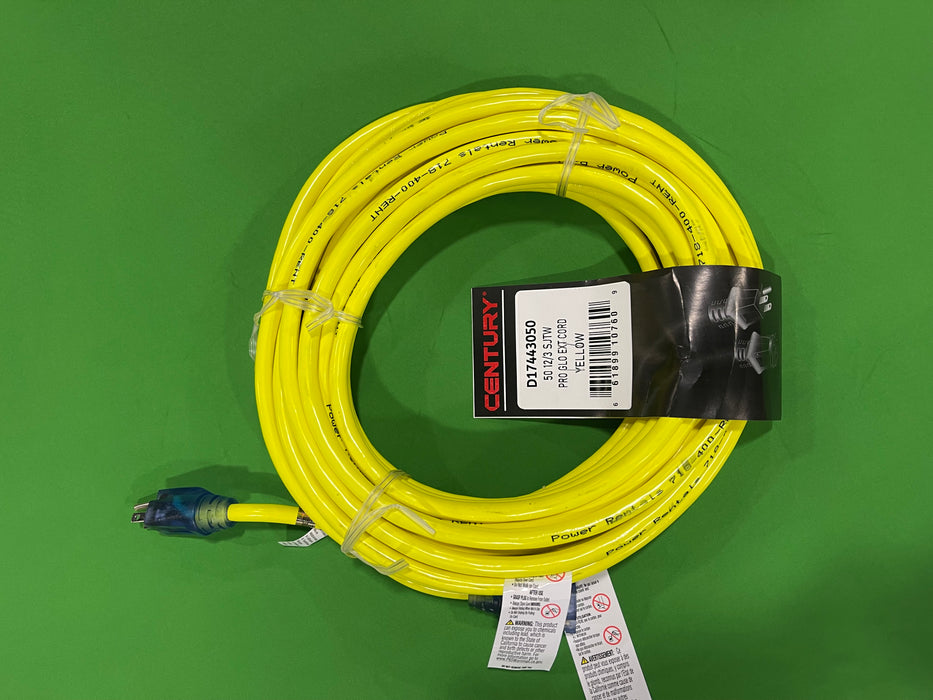 50ft 12/3 Yellow Extension Cord Lighted Plug