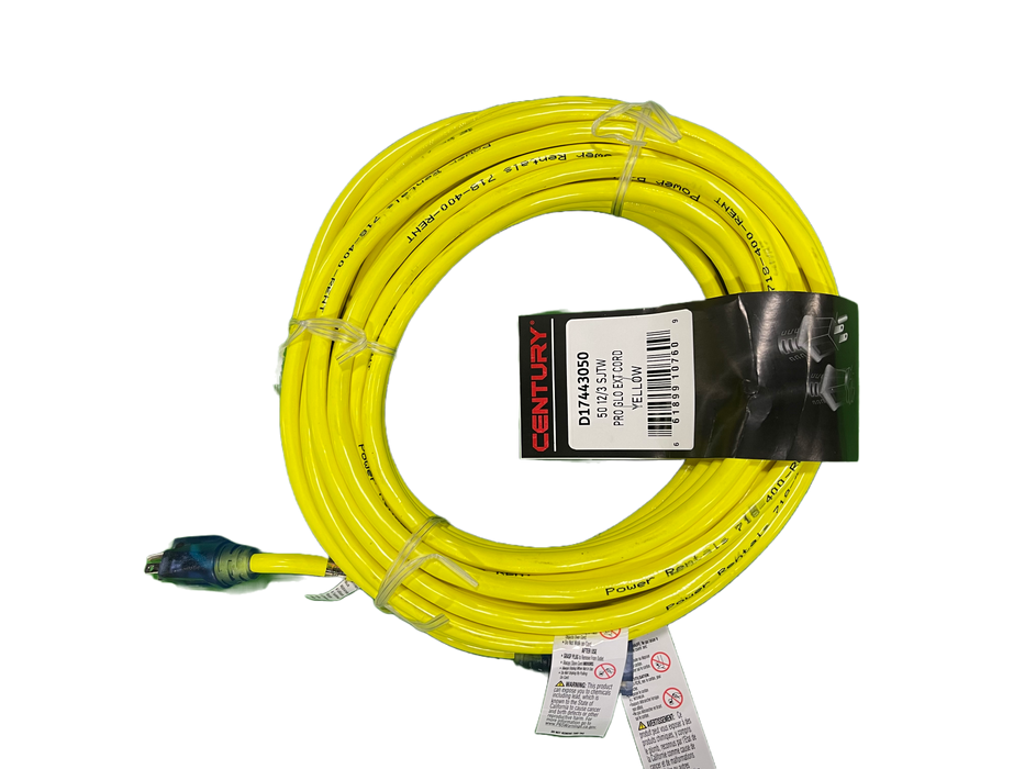 50ft 12/3 Yellow Extension Cord Lighted Plug